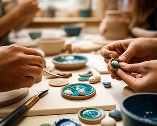 ゴルフ愛好家向け陶芸ワークショップの様子、参加者がボールマーカーを制作中